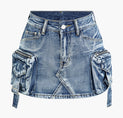 a denim skirt with pockets and a belt