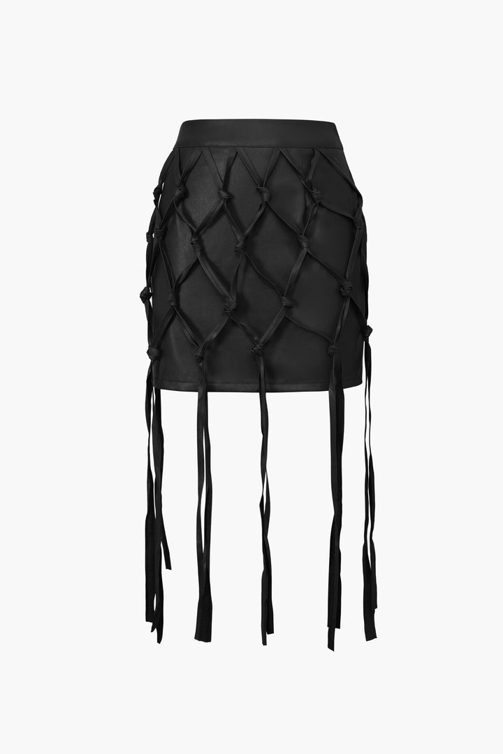 a black leather skirt with a tie around the waist