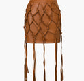 a brown leather skirt with fringes and tats