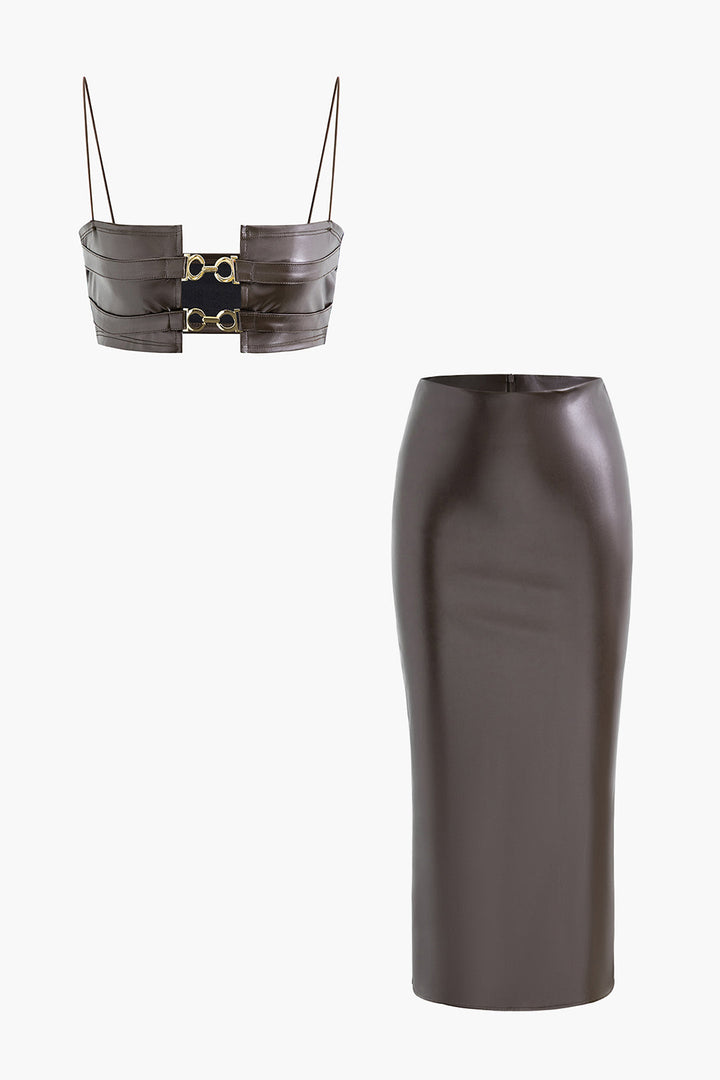 a black leather skirt and a brown leather skirt