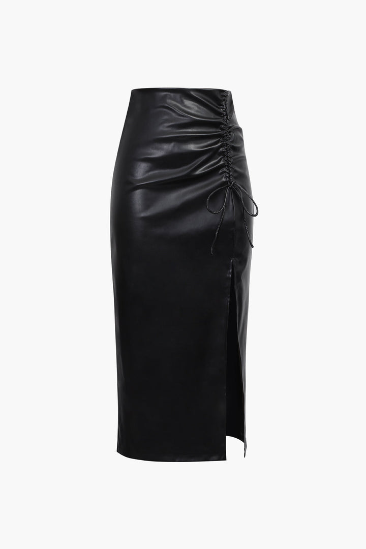 Faux Leather Drawstring Slit Skirt (L / BLACK)