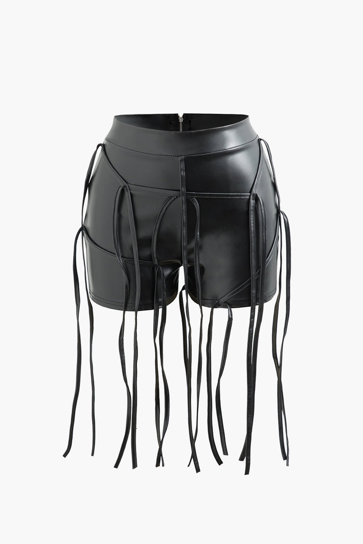 a black leather shorts with fringes on the sides