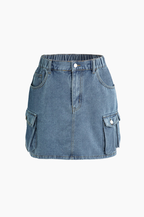 a denim skirt with pockets and buttons