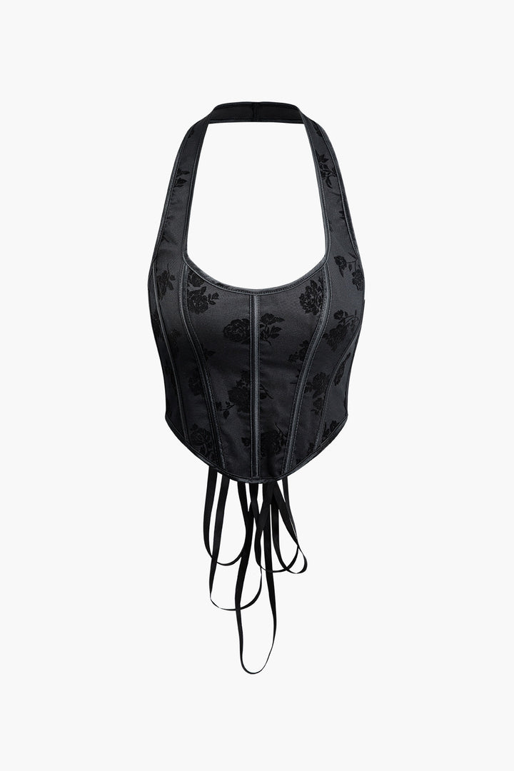 the back of a black and white corset