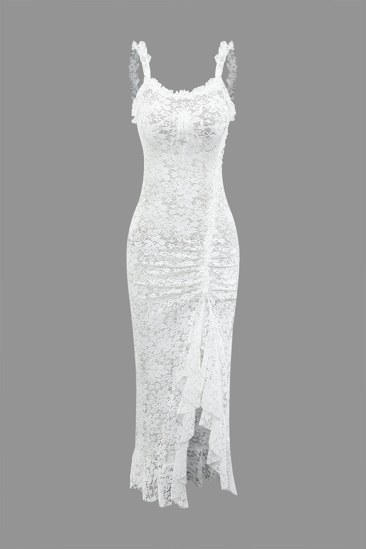 a white lace dress on a gray background