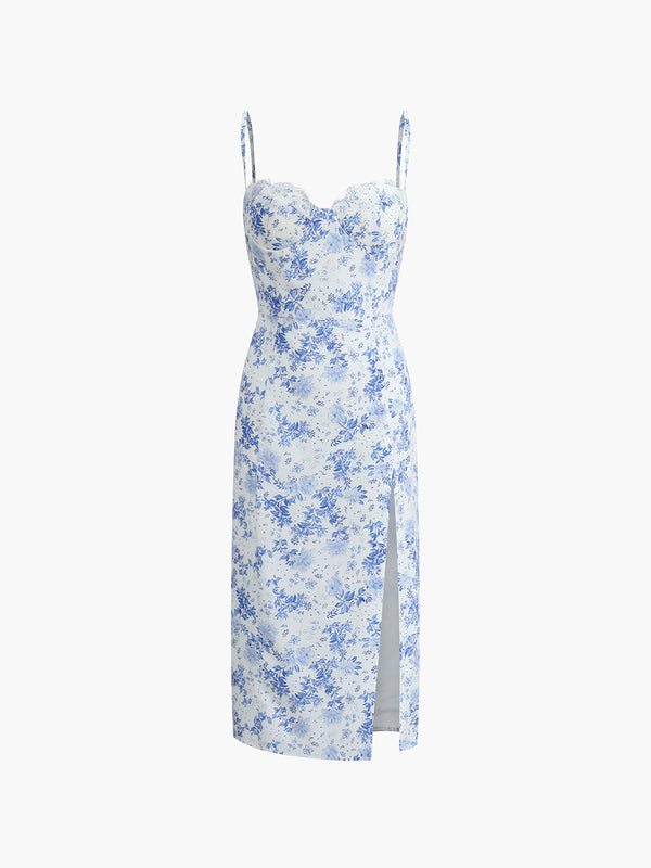 a white and blue floral print dress