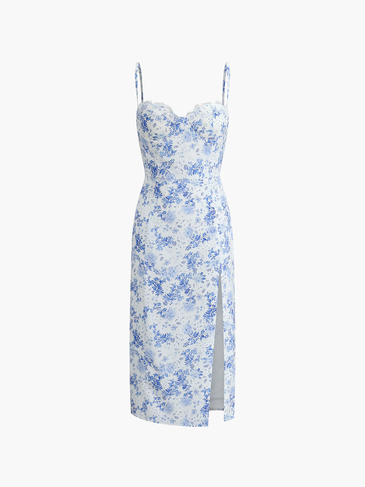 a white and blue floral print dress