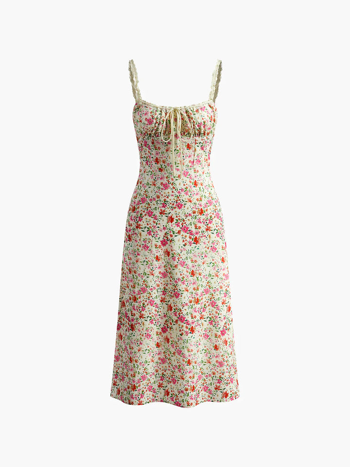a white dress with a floral print on it