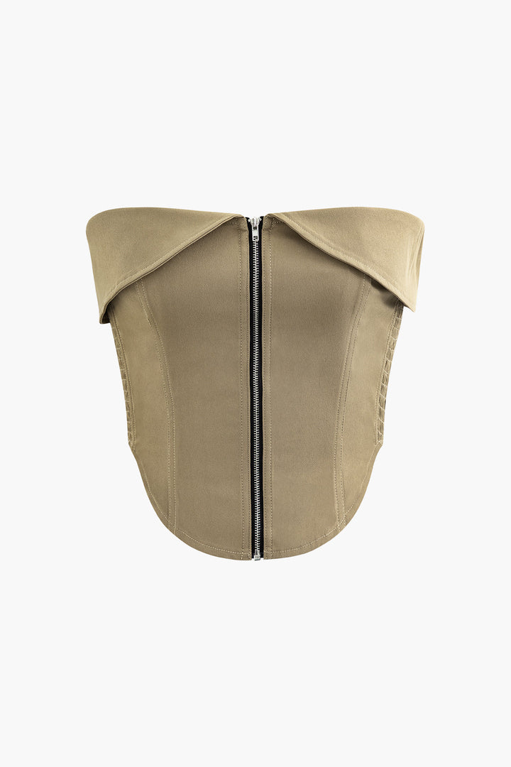 Foldover Smocked Side Zipper Tube Top (M / LIGHT BROWN)