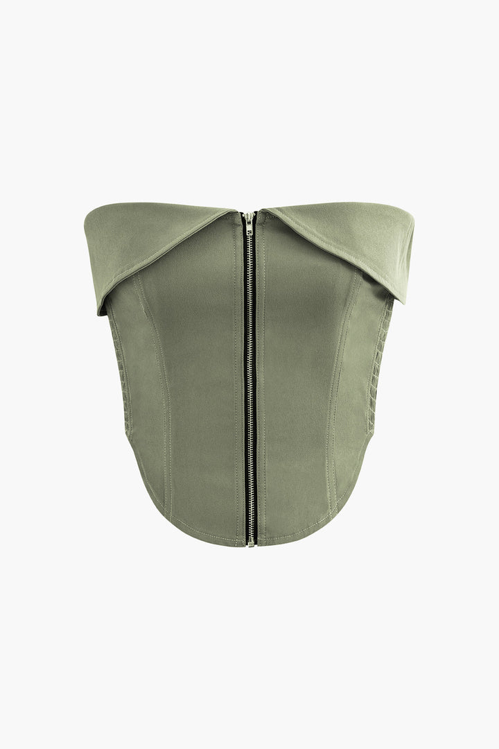 Foldover Smocked Side Zipper Tube Top (S / SAGE)