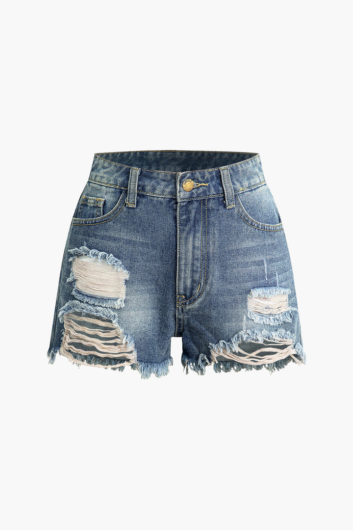 a pair of denim shorts with torn edges