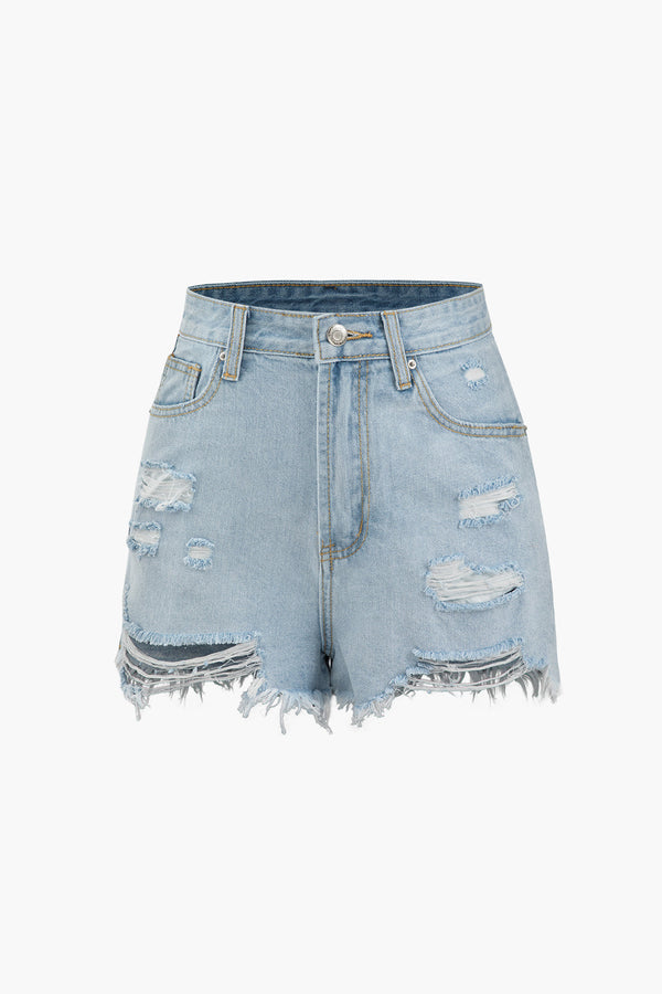 a pair of blue denim shorts with ripped knees