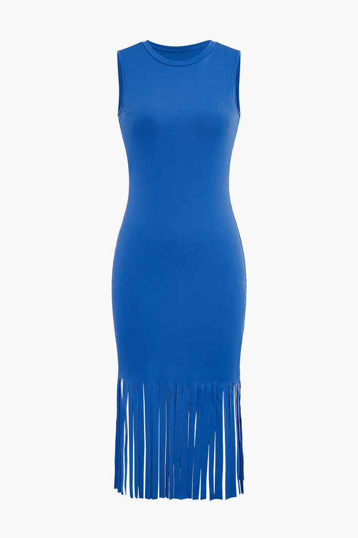a blue dress with fringes on the sides