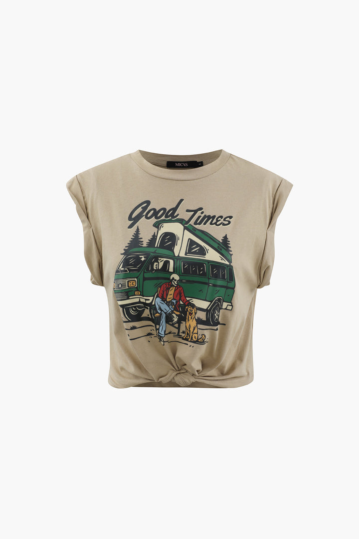Good Times Graphic Knot Hem T-Shirt (XL / KHAKI)