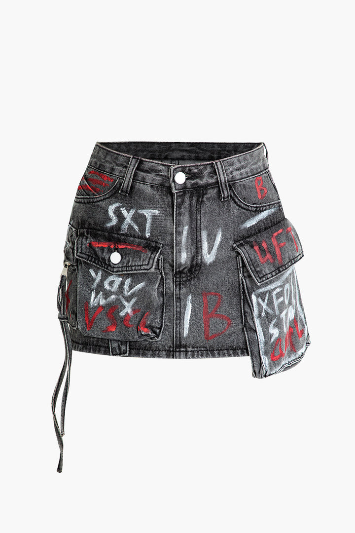 a black denim skirt with graffiti print on it