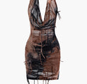 a black and brown dress on a white background