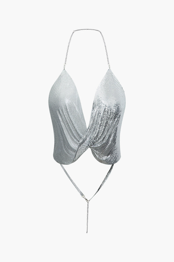 a silver bikini top on a white background