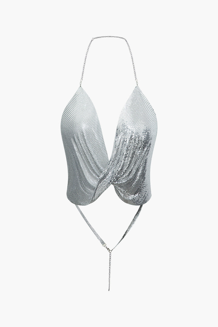 a silver bikini top on a white background