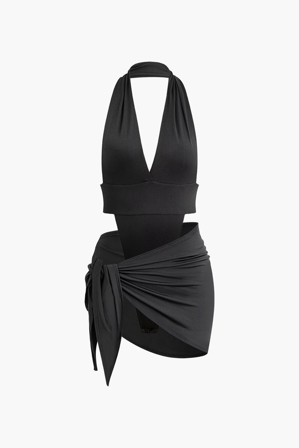 a black swimsuit with a halt neck