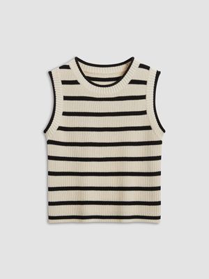 a black and white striped sweater vest on a white background