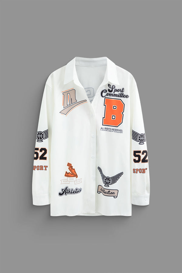 a white jacket with orange and black logos on it