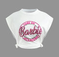 a white cropped crop top with a pink logo on the front