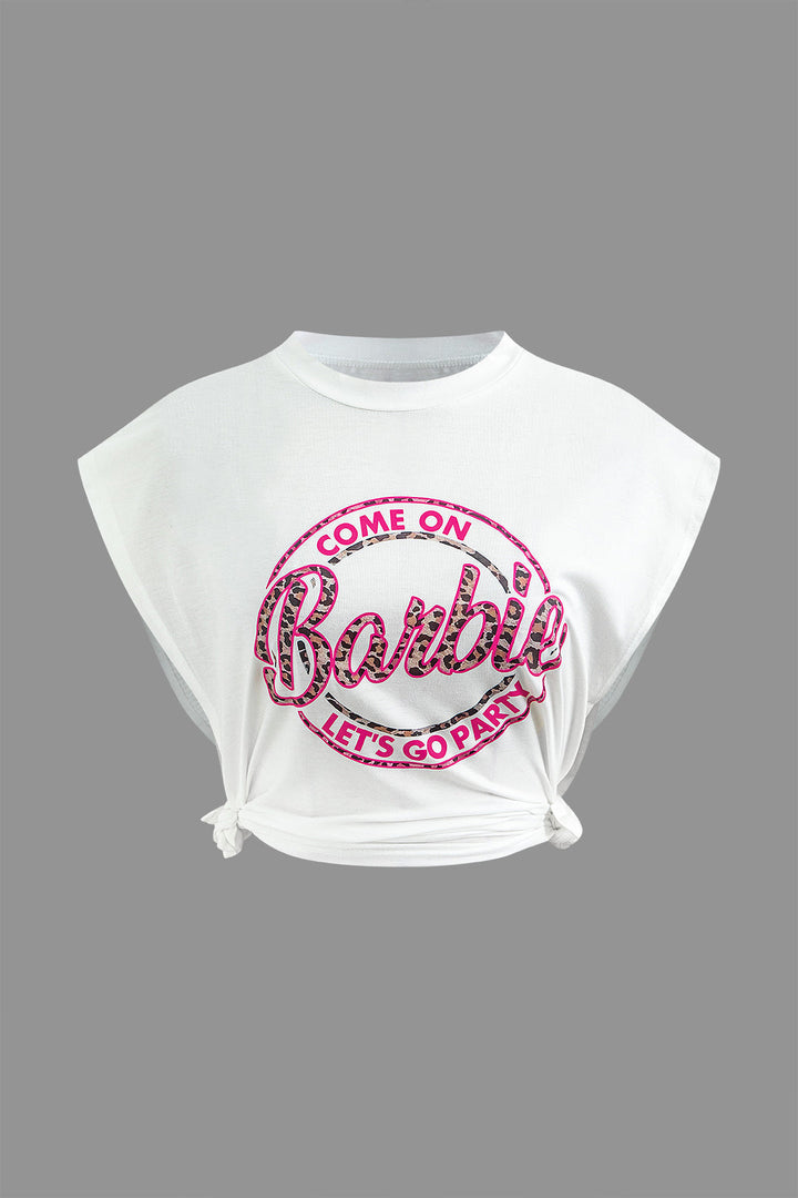 a white cropped crop top with a pink logo on the front