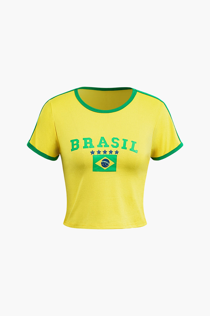 a yellow t - shirt with a brazil flag on it