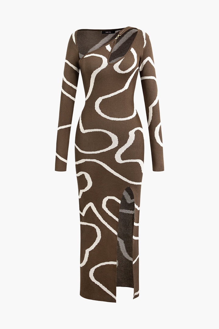 a brown and white dress with an abstract pattern