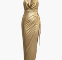 Metallic Asymmetrical Ruched Halter Midi Dress (S / PURE GOLD)