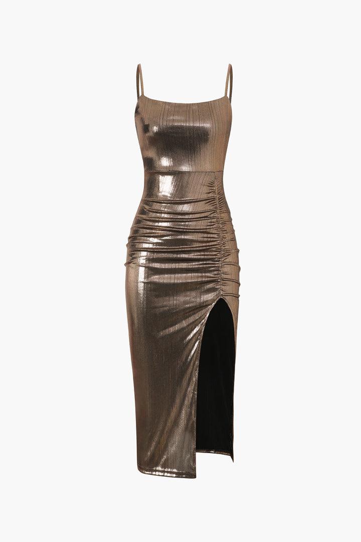 a metallic dress with a slit on the side