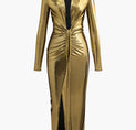 Metallic V-neck Ruched Slit Wrap Maxi Dress (XL / GOLD)