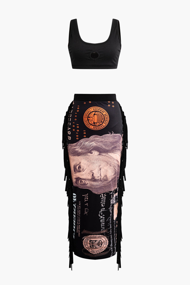 a black top and shorts with a picture of a woman ' s face on it