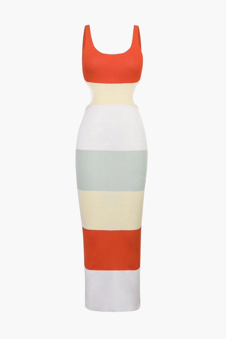 a white and orange striped dress