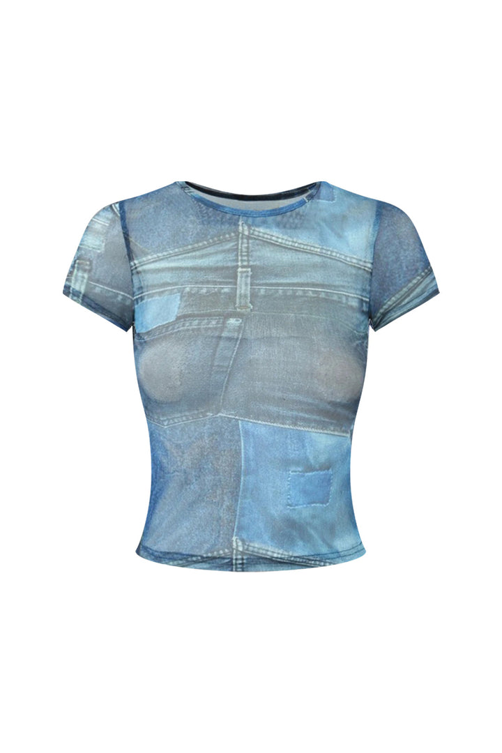a women ' s t - shirt with a blue and white print