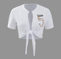 a white crop top with the number 5 on it