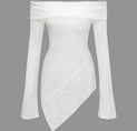 Off Shoulder Knit Asymmetric Long Sleeve Top (M / WHITE)