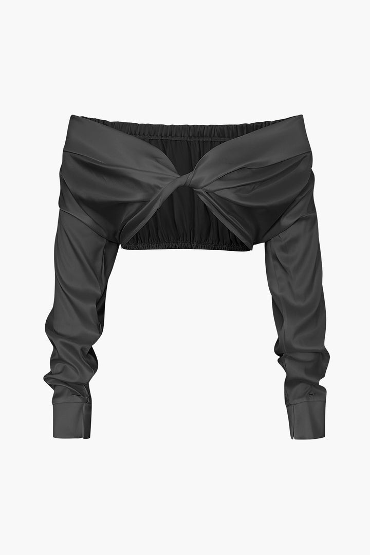 a black cropped crop top with a bow at the front