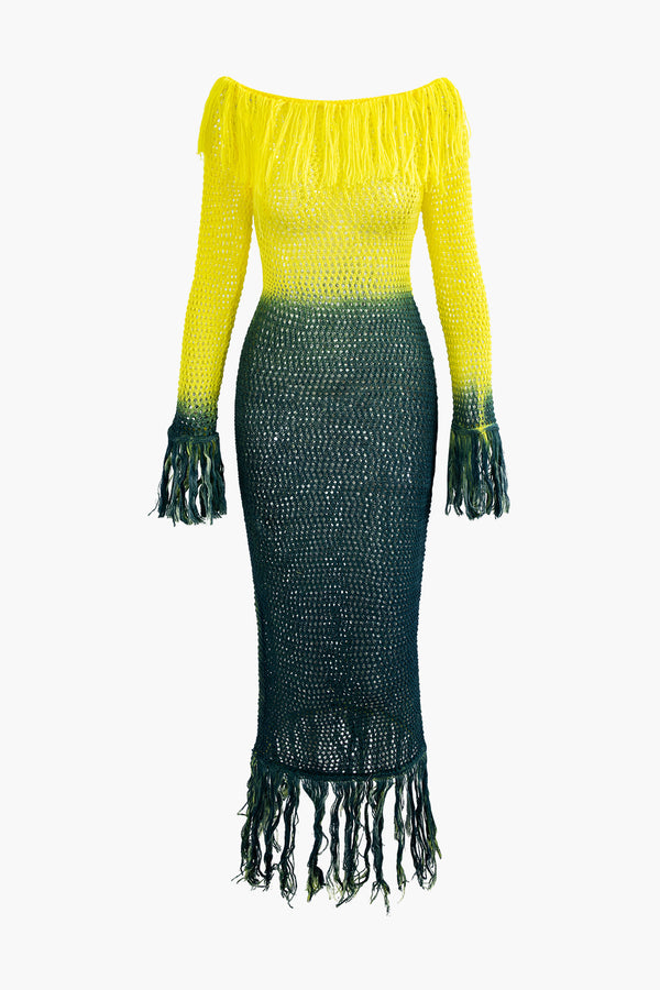 a yellow and black dress with fringes