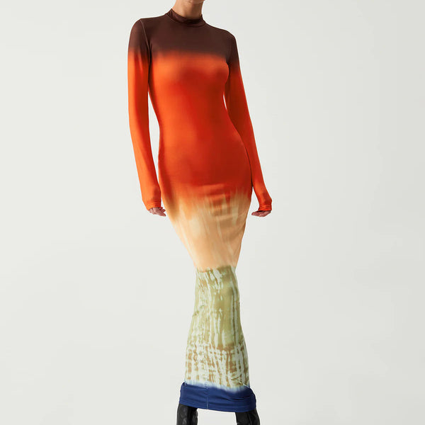 Ombre Rainbow Long Sleeve Long Dress