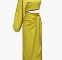 a woman is wearing a yellow dress
