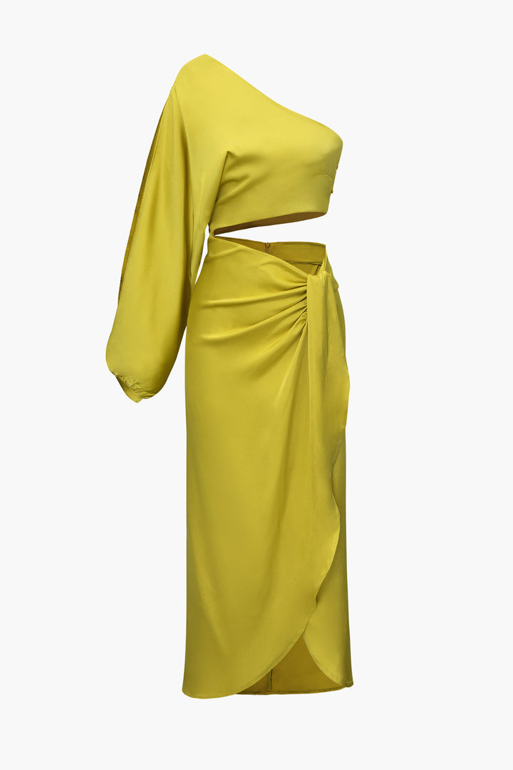 a woman is wearing a yellow dress