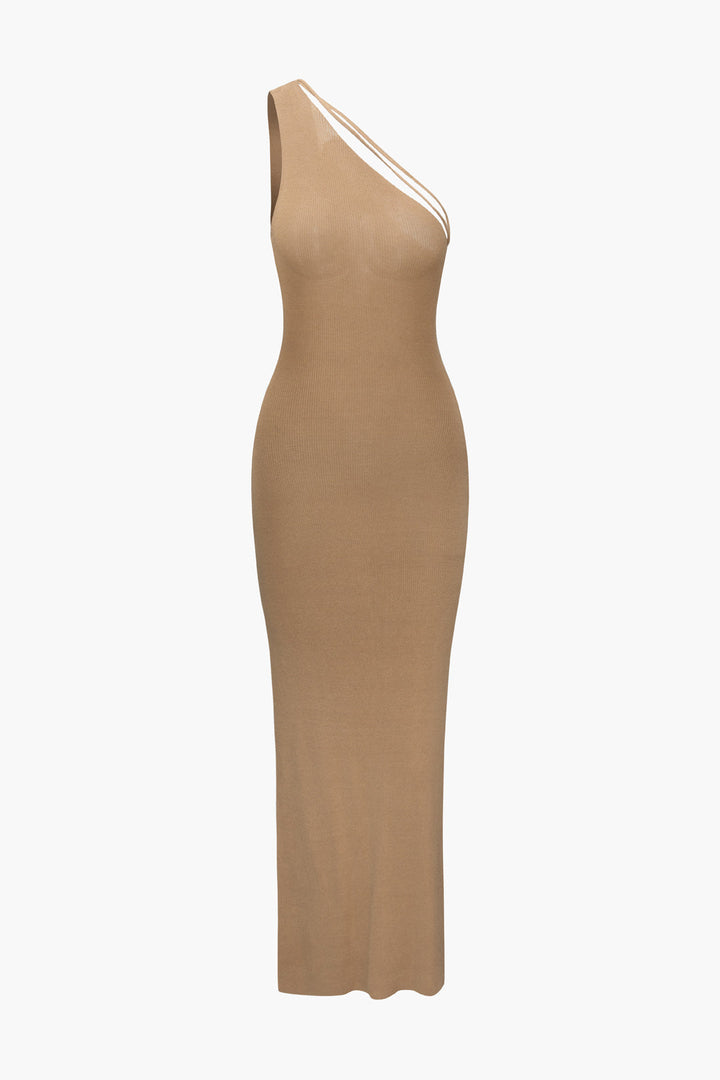 the one shoulder dress in camel