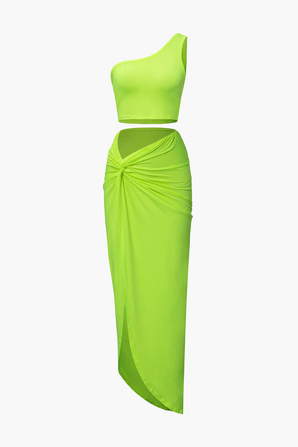 One Shoulder Tank Top And Twist Detail Skirt Set (XL / NEON GREEN)