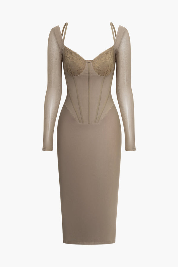 a beige dress with long sleeves and lace detailing