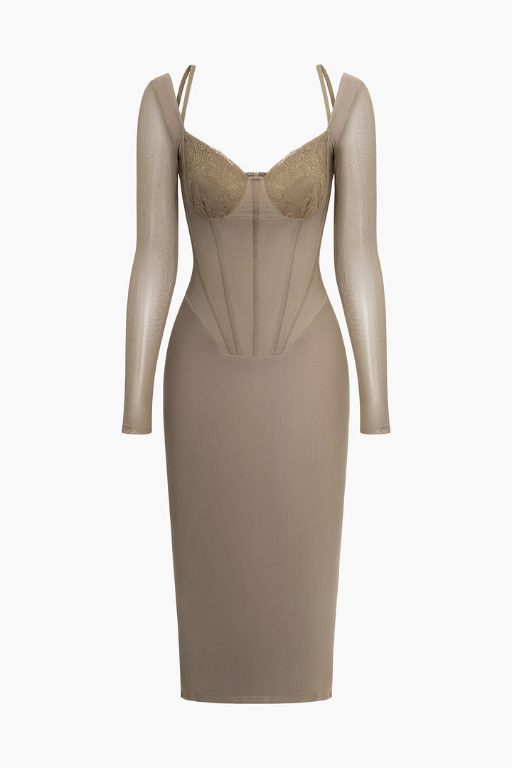 a beige dress with long sleeves and lace detailing