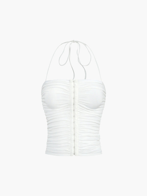 a white top with a halt neckline