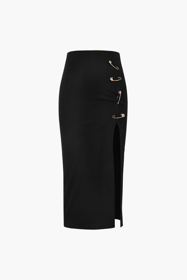 a black pencil skirt with gold zippers on the side