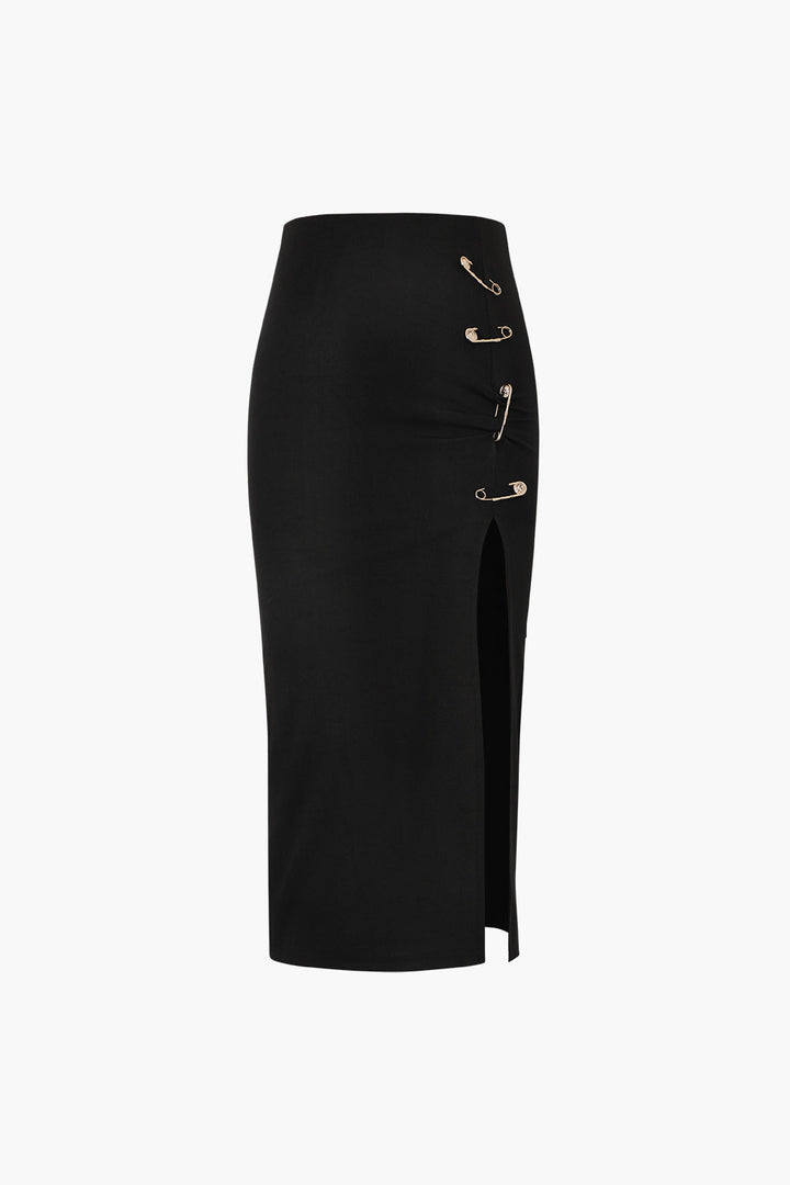 a black pencil skirt with gold zippers on the side