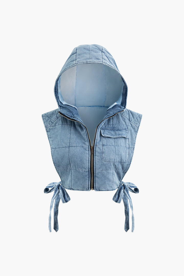 a blue denim vest with a hoodie on the back